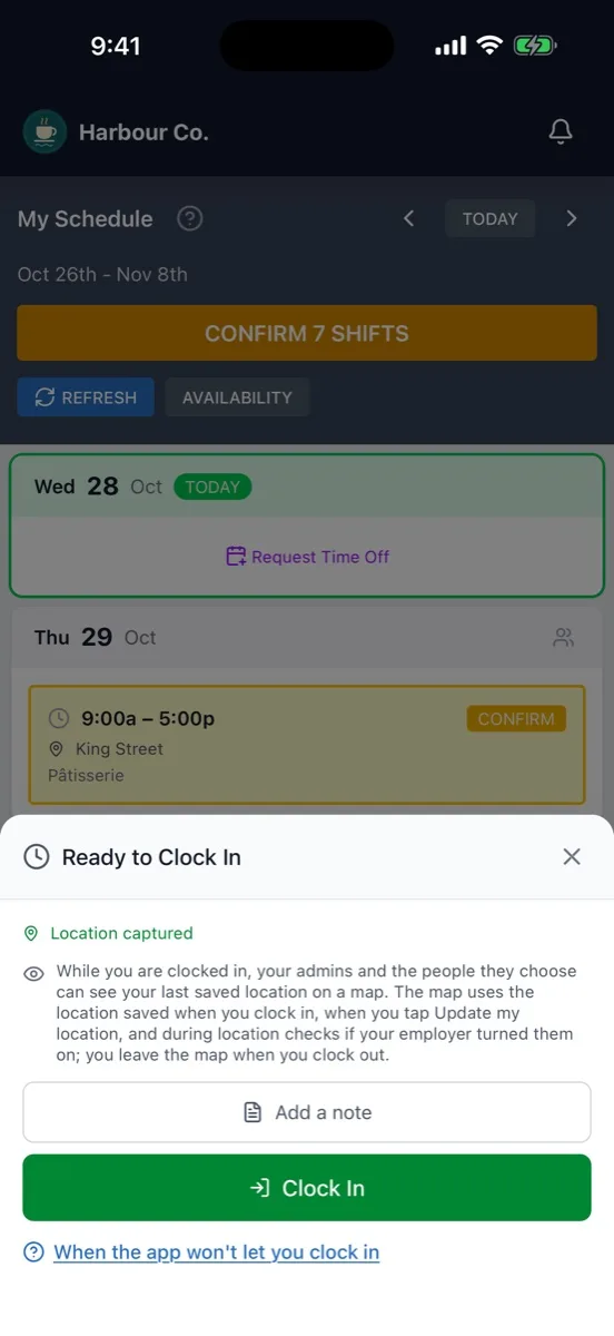 Shift Terminal on an iPhone, with the location captured and the Clock In button ready.